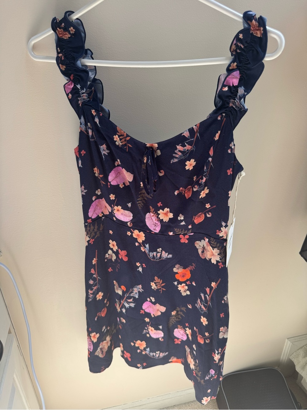 Aritzia Navy Floral Ruffle-Strap Mini Dress